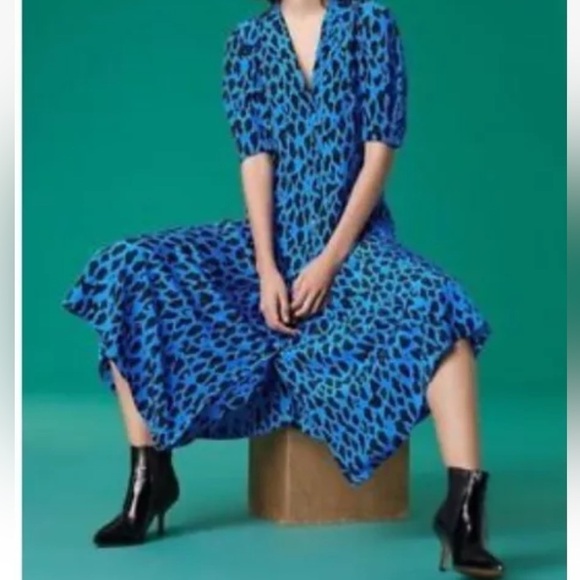 Diane Von Fustenberg Lily Cinch Sleeve Midi Dress in Blue Leopard Print Size 0 - Picture 4 of 5
